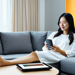 A Vietnamese adult, fully clothed in modest, comfortable attire, relaxing in a modern smart living room. The room is bathed in soft, warm, automated lighting, creating a serene and inviting atmosphere. The individual is subtly interacting with a sleek tablet, showcasing seamless control over the smart home environment. Integrated smart speakers and minimalist design elements are visible, hinting at effortless convenience. The scene emphasizes comfort and personalized experience. Professional photography, high resolution, perfect anatomy, correct proportions, natural pose, well-formed hands, proper finger count, natural body proportions, safe for work, appropriate content, professional, family-friendly.